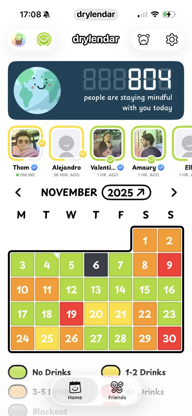 Drylendar app home screen showing a color-coded monthly alcohol tracking calendar with friends and a live mindfulness counter