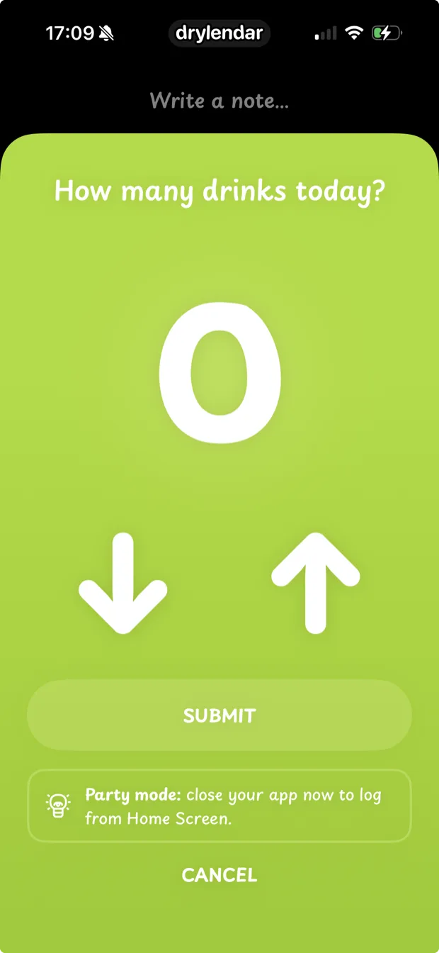 Logging a drink count in the Drylendar alcohol tracker app